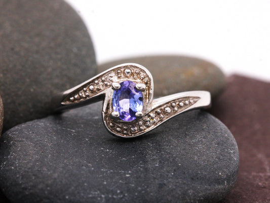 Sterling Silver 925 Tanzanite & Diamond Oval Cluster Dress Ring Size M & P