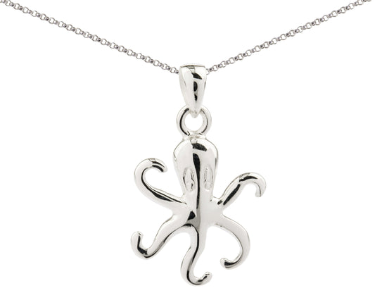 Sterling Silver Polished Octopus Pendant & Silver Necklace British Nature Pendant