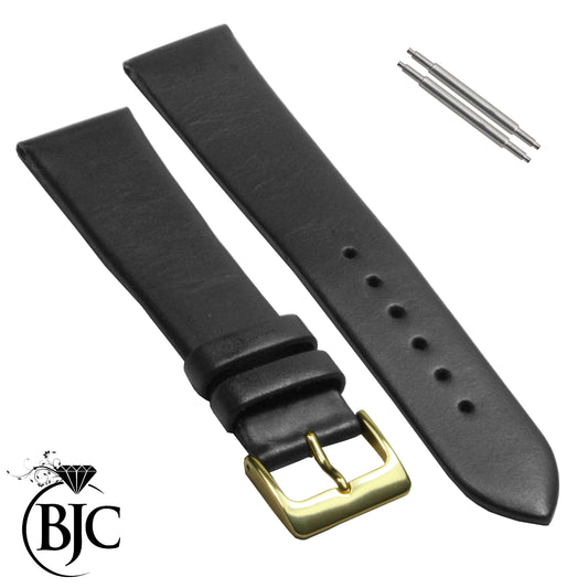 BJC® Black Genuine Leather Watch Strap Straps in Multiple Widths & Pins